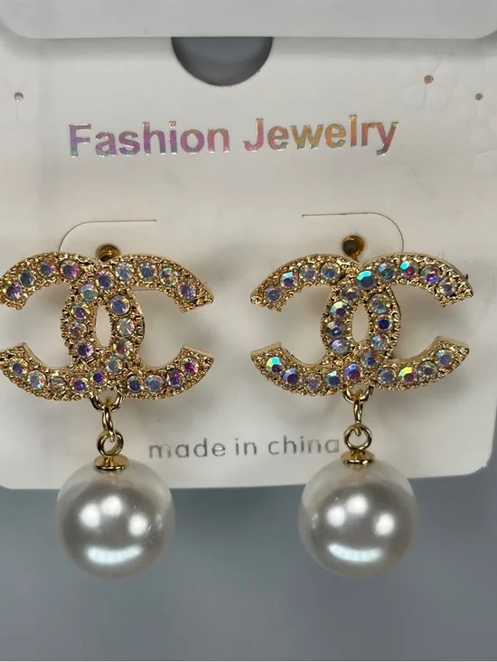 Iridescent Gold-Tone Crystal Earrings with White Pearl Drops - Picture 1 of 4